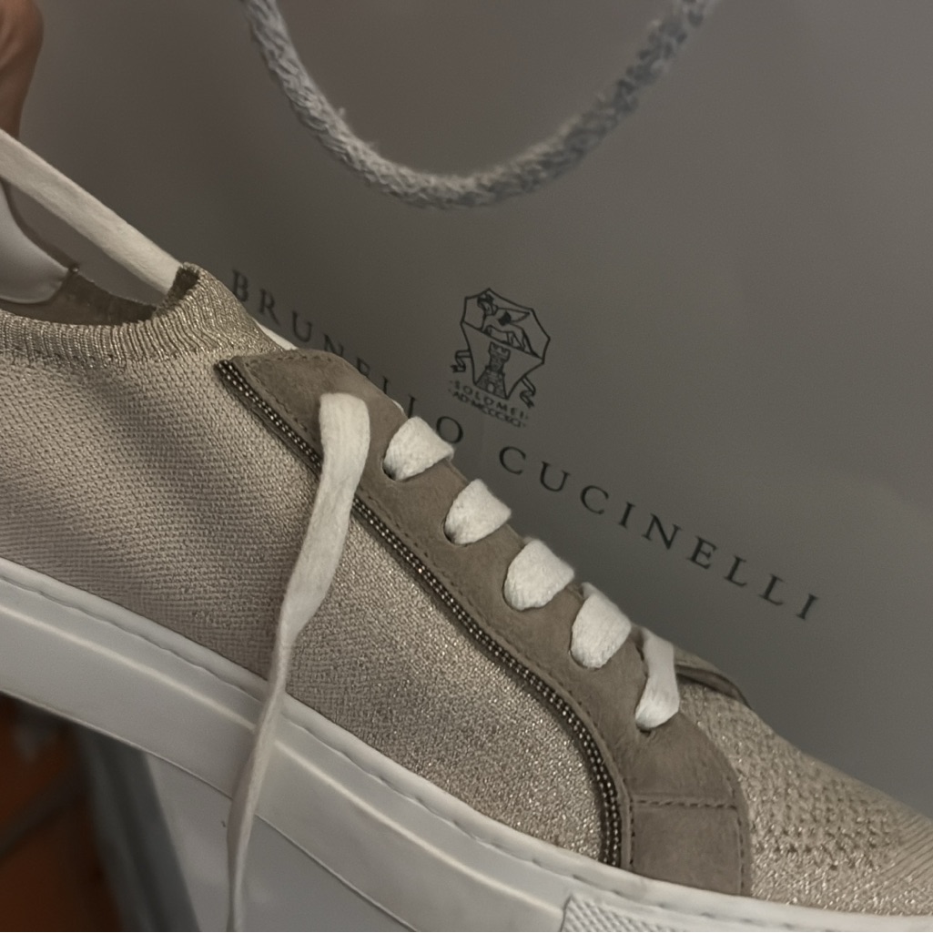 Brunello Cucinelli Taupe Knit & Suede Lace-Up Sneaker